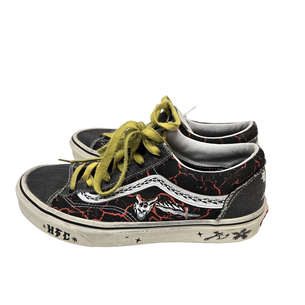 Vans Black and Red Low-Top Sneakers with Yellow Laces